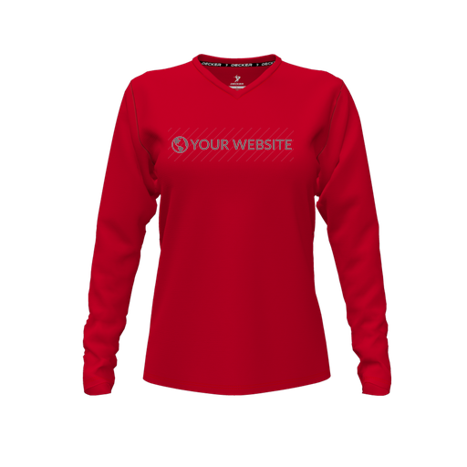 [CUS-DFW-TEES-CMF-VNK-LSL-RED-FYXS-LOGO3] Decker Comfort T-Shirt (Female Youth XS, Red, V Neck, Logo 3, Long Sleeve)