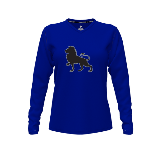 [CUS-DFW-TEES-CMF-VNK-LSL-RYL-FYXS-LOGO2] Decker Comfort T-Shirt (Female Youth XS, Royal, V Neck, Logo 2, Long Sleeve)