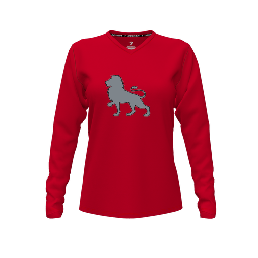 [CUS-DFW-TEES-CMF-VNK-LSL-RED-FYXS-LOGO1] Decker Comfort T-Shirt (Female Youth XS, Red, V Neck, Logo 1, Long Sleeve)