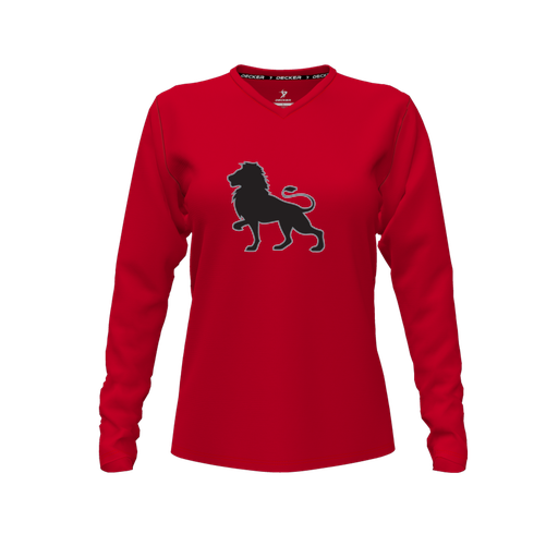 [CUS-DFW-TEES-CMF-VNK-LSL-RED-FYXS-LOGO2] Decker Comfort T-Shirt (Female Youth XS, Red, V Neck, Logo 2, Long Sleeve)