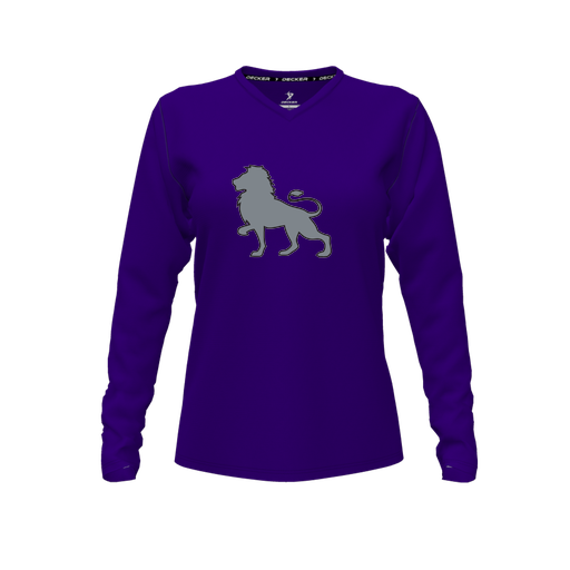 [CUS-DFW-TEES-CMF-VNK-LSL-PUR-FYXS-LOGO1] Decker Comfort T-Shirt (Female Youth XS, Purple, V Neck, Logo 1, Long Sleeve)