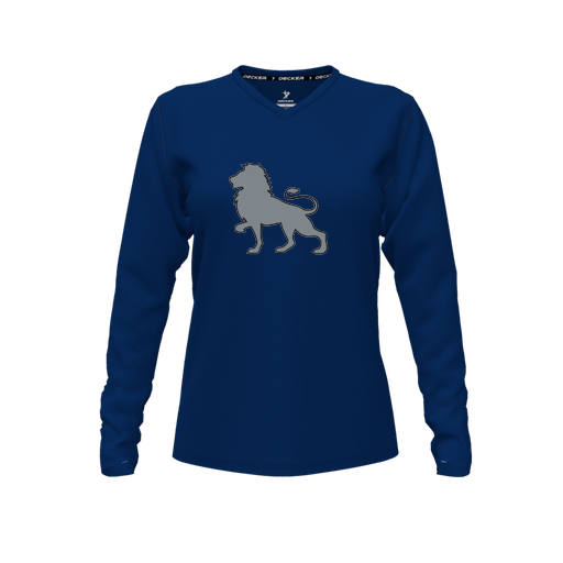 [CUS-DFW-TEES-PER-VNK-LSL-NVY-FYXS-LOGO1] Decker Performance T-Shirt (Female Youth XS, Navy, V Neck, Logo 1, Long Sleeve)