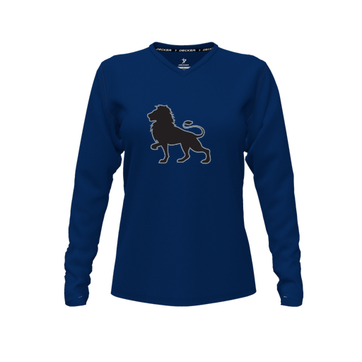 [CUS-DFW-TEES-PER-VNK-LSL-NVY-FYXS-LOGO2] Decker Performance T-Shirt (Female Youth XS, Navy, V Neck, Logo 2, Long Sleeve)