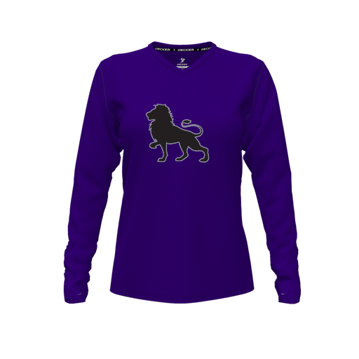[CUS-DFW-TEES-PER-VNK-LSL-PUR-FYXS-LOGO2] Decker Performance T-Shirt (Female Youth XS, Purple, V Neck, Logo 2, Long Sleeve)